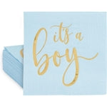 Sparkle and Bash It's a Boy Napkins - 5 x 5 In, Pack of 50, Blue & Gold Foil, 3-Ply - Cocktail Napkins for Baby Boy Shower...