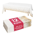 Prestee 12-Pack White and Gold Tablecloth - 54x108 Inch - Disposable Table Covers for Party, Weddings, and Holidays - Wate...