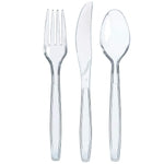 Prestee 300-Piece Plastic Cutlery Set - 100 Each of Clear Plastic Forks, Knives, Spoons - Heavy Duty Silverware for Partie...