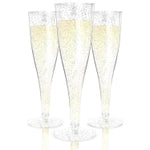 Prestee 24 Champagne Flutes Plastic - Disposable Flute - Silver Glitter Plastic Glasses for Parties - Mimosa Bar, Wedding,...