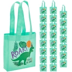 BLUE PANDA 24-Pack Small Dinosaur Tote Party Favor Bags - 6.5 x 7 x 1.8 in Green Non-Woven with Handles - Reusable Dino Go...