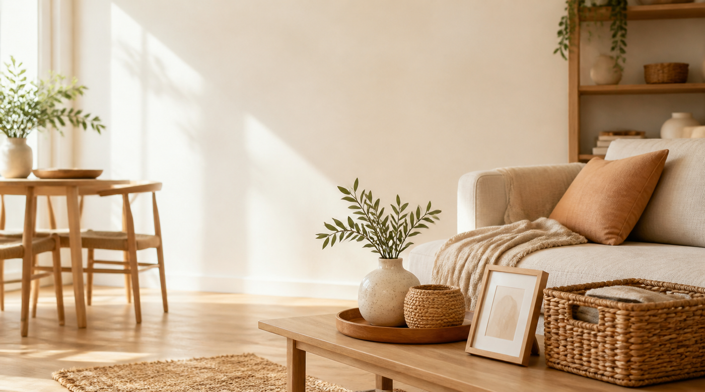 Warm modern living room with natural wood, woven storage, and neutral home decor