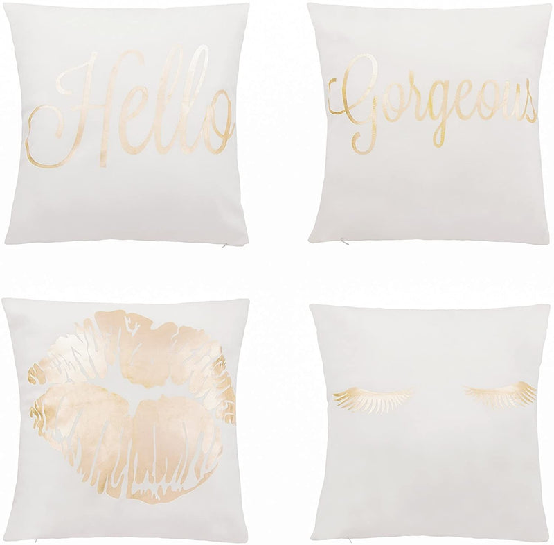 Throw Pillow Covers - 4-Pack Decorative Couch Throw Pillow Cases for Girls and Woman, White Covers with Rose Gold Foil Lettering and Print Design Cushion Covers for Modern Home Décor, 17 x 17 Inches