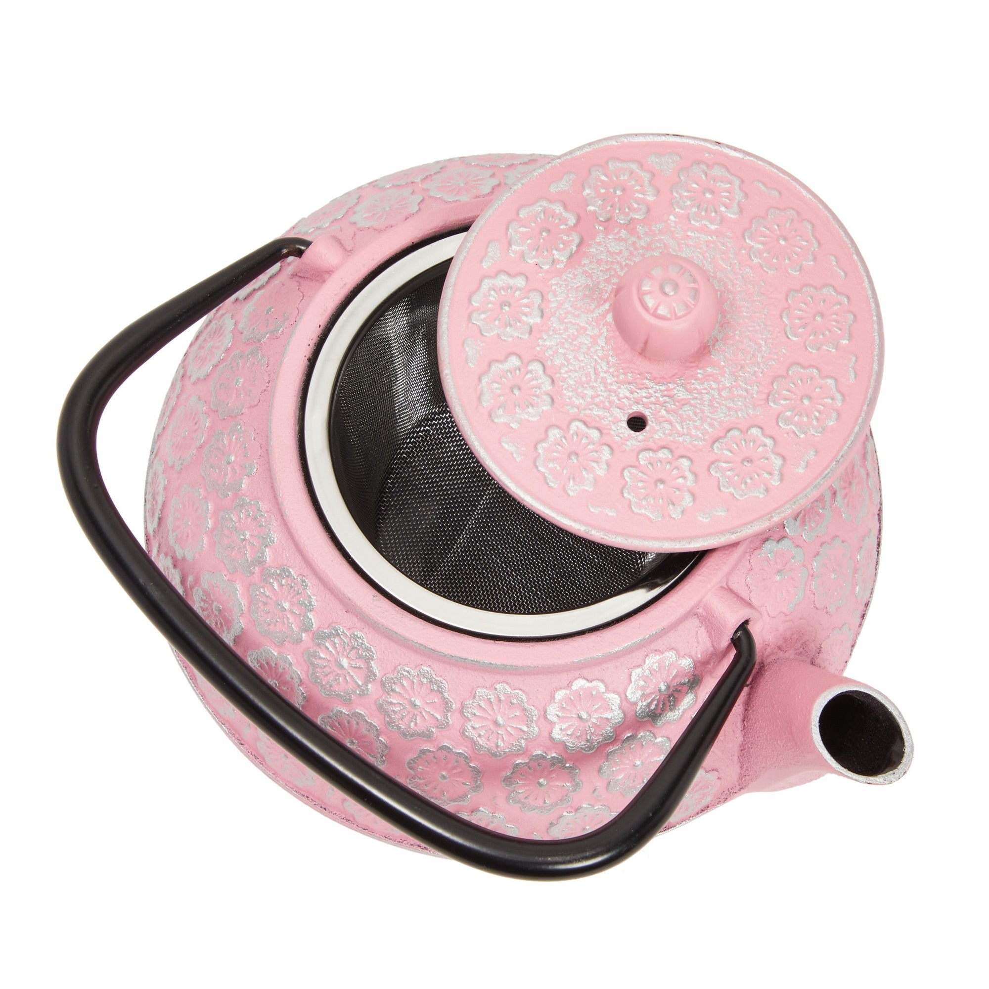 Pink Floral Cast Iron Teapot Kettle with Stainless Steel Infuser