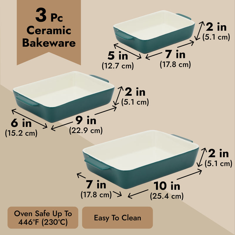 3 Piece Green Ceramic Bakeware Set - Rectangular Baking Dishes for Oven, Serving Casseroles, Kitchen (3 Sizes)