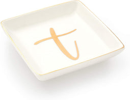 Letter T Ceramic Trinket Tray, Monogram Initials Jewelry Dish (4 x 4 Inches)