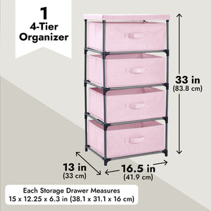 4-Tier Tall Closet Dresser with Drawers - Clothes Organizer and Small Fabric Storage for Bedroom (Pink)