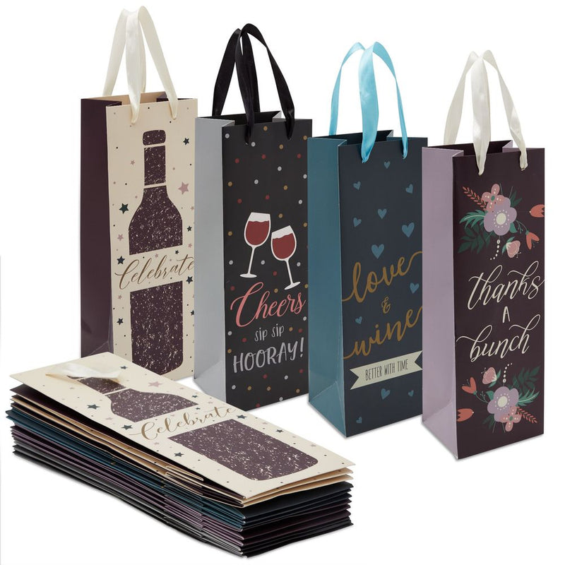 12 Pack Wine Bottle Gift Bags with Handles for Birthday Party, Bulk Set (4 Designs)
