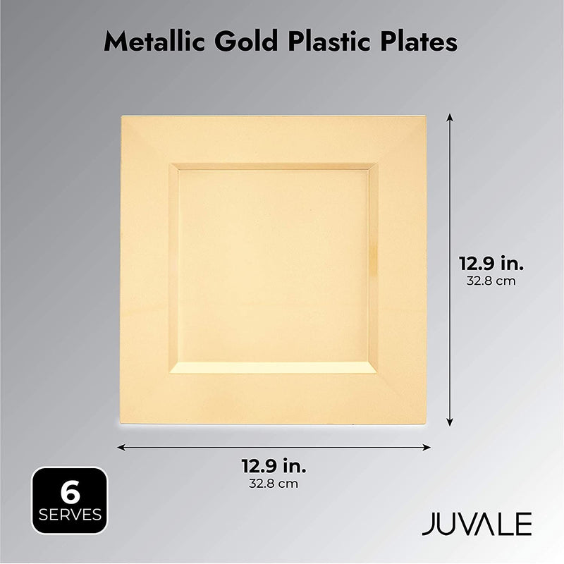 Square Metallic Gold Plastic Charger Plates and Napkin Rings Set (Serves 6)