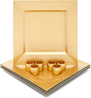 Square Metallic Gold Plastic Charger Plates and Napkin Rings Set (Serves 6)