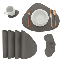 Faux Leather Placemats Set of 4, Table Mats with 4 Wedge Coasters for Kitchen Dinning Tables (Dark Grey, 8 Pieces)