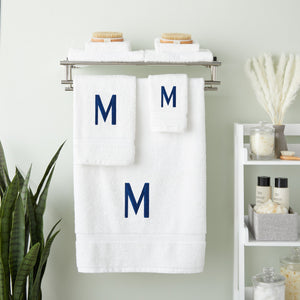 3 Piece Letter M Monogrammed Bath Towels Set, White Cotton Bath Towel, Hand Towel, and Washcloth with Blue Embroidered Initial M for Wedding Gift, Bridal Shower