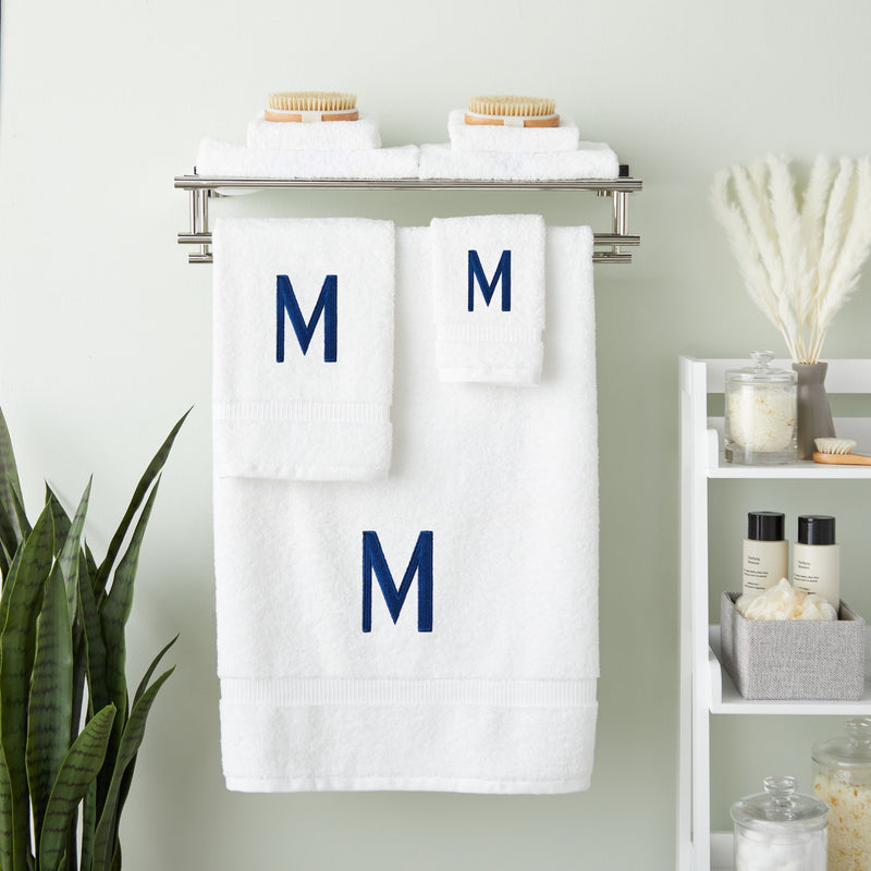 3 Piece Letter M Monogrammed Bath Towels Set, White Cotton Bath Towel, Hand Towel, and Washcloth with Blue Embroidered Initial M for Wedding Gift, Bridal Shower