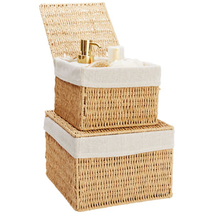 Juvale 2-Pack Storage Basket with Lids - Wicker Shelf Baskets for Bathroom Organization, Kitchen Counter, and Home Décor (2 Sizes)