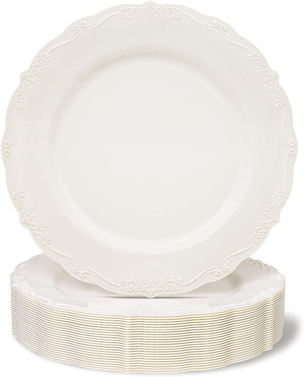 25 Pack Plastic Dinner Plates for Party, Cream with Fine Detailing (10 Inches)