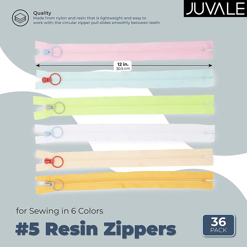 36 Pack Nylon Coil #5 Resin Zippers with Ring Zipper Pulls for Sewing, Crafts, Upholstery, 6 Pastel Colors (12 Inches)