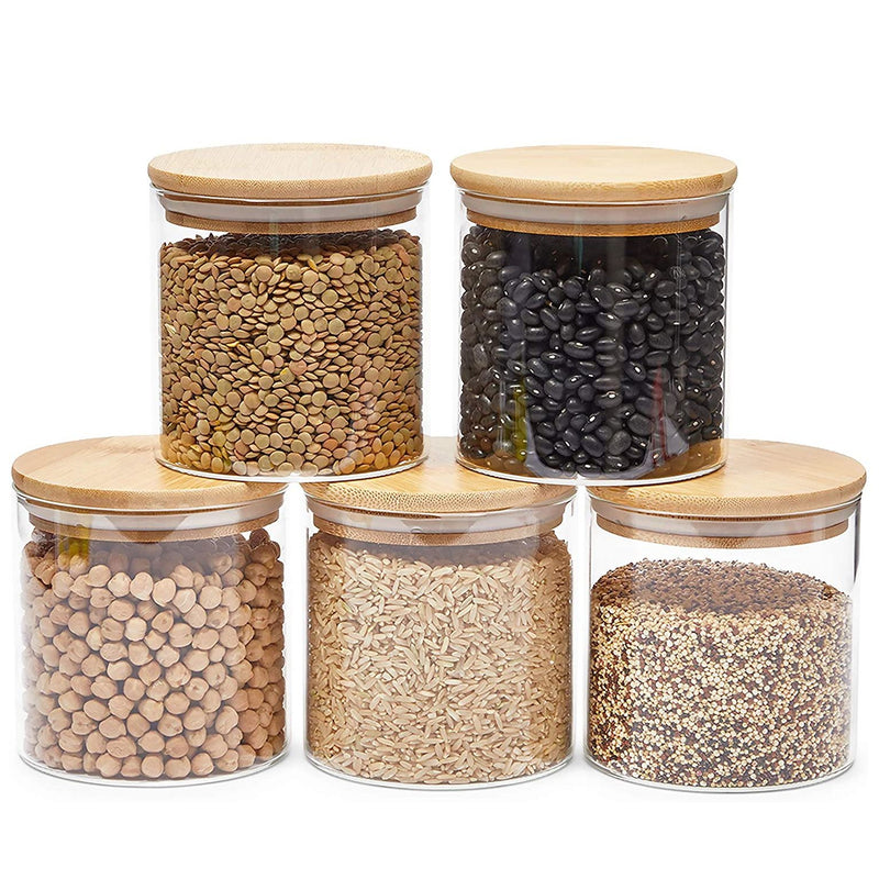 5-Pack Glass Canisters with Airtight Bamboo Lids - Small Coffee Jar Storage Containers for Kitchen Counter, Pantry, Food (4x4.13 In)