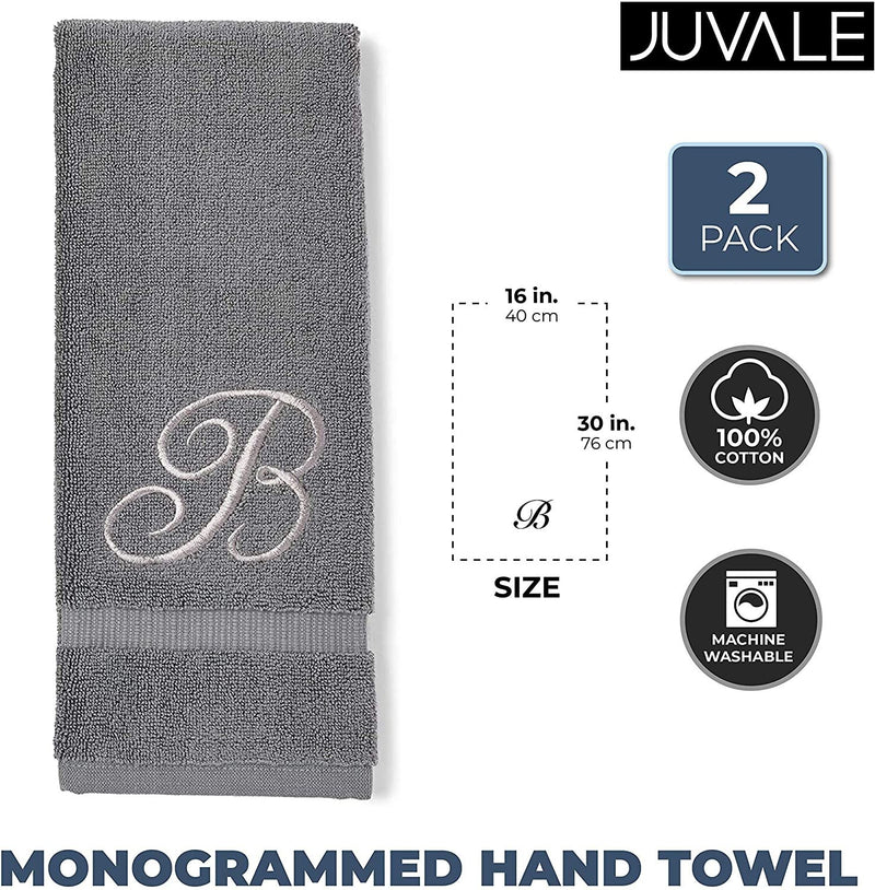 2 Pack Letter B Monogrammed Hand Towels, Gray Cotton Hand Towels with Silver Embroidered Initial B for Wedding Gift, Bridal Shower, Baby Shower, Anniversary (16 x 30 Inches)