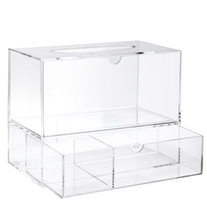 Clear Tissue Box Holder with Pull Out Drawer, Rectangle Dispenser Tissue Box Cover and Cosmetic Organizer for Bathroom (9.3 x 7 x 5 In)