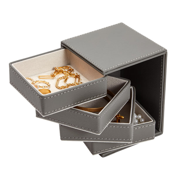 4 Layer Rotating Jewelry Organizer for Men, Women, Small Faux Leather Box for Necklaces, Rings, Earring, Bracelets (Gray, 4 x 5 In)