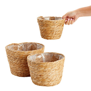 Seagrass Indoor Planter Set with Plastic Lining, 3 Small Woven Wicker Baskets for Plants, Flower (3 Sizes)