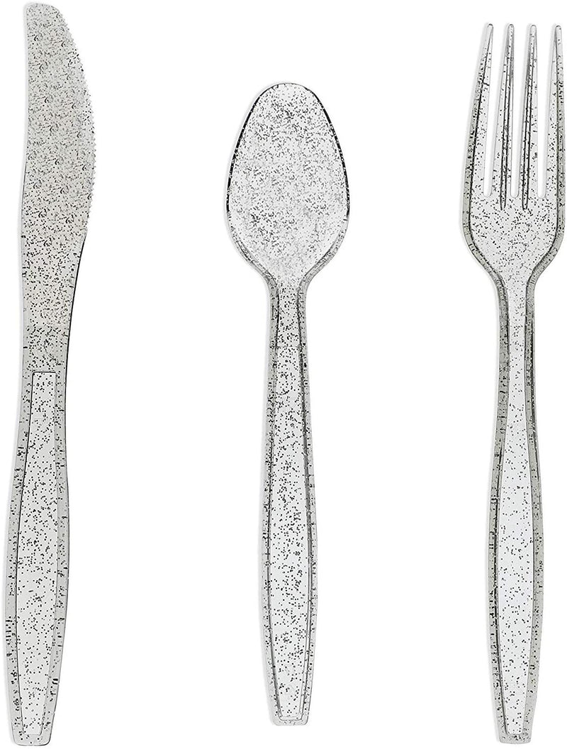Juvale Silver Glitter Plastic Cutlery Set of 32 Forks Knives and Spoons (Silver)