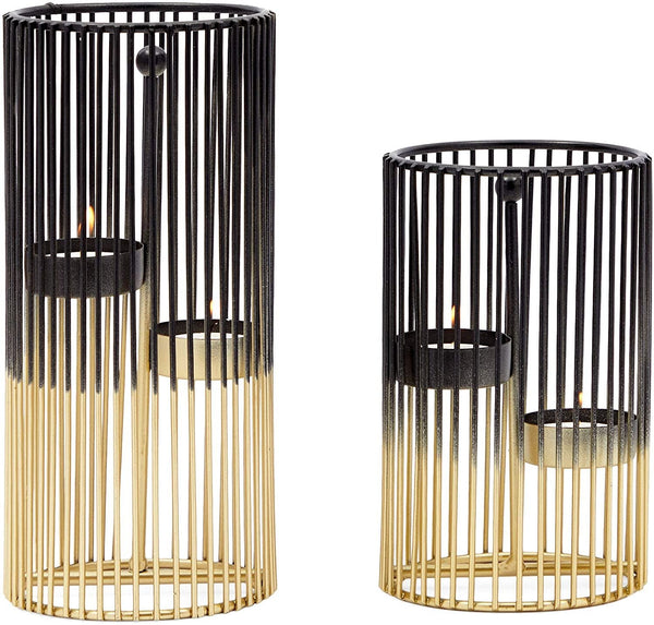 Set of 2 Black and Gold Geometric Candle Holders for Modern Table Decor (2 Sizes)