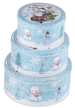 Juvale Christmas Nesting Cake Tins - 3-Set Round Nested Cookie Candy Storage Containers with Lids for Confectioneries, Holiday Decor, Light Blue and White