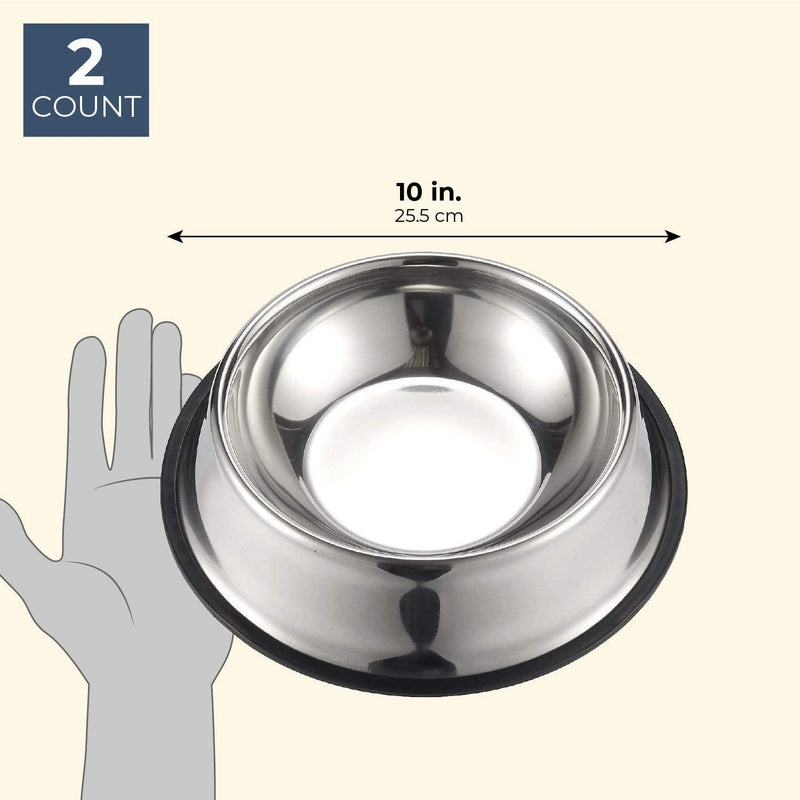 Juvale Stainless Steel Dog Bowls - Set of 2 Pet Food and Water Dish Bowls with Non-skid Base for Cats, Small, Medium and Large Sized Dogs - Silver, 10 inches Diameter