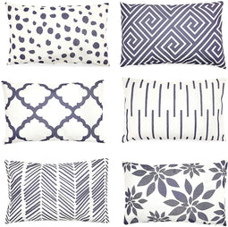6 Pack Throw Pillow Covers for Home Indoor Decor, 6 Designs, Blue & White, 12 x 20 in.