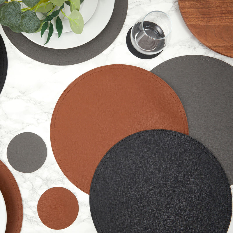 Set of 6 Brown Faux Leather Round Placemats with Matching Coasters - Circle Table Mats for Dining Room, Kitchen (12 pcs, 13.4 Inch)
