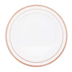 50 Pack of White Plastic Appetizer or Dessert Plates with Rose Gold Rim (7.5 In)