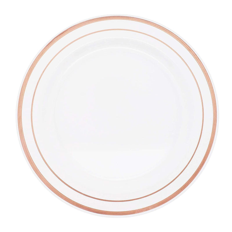 50 Pack of White Plastic Appetizer or Dessert Plates with Rose Gold Rim (7.5 In)