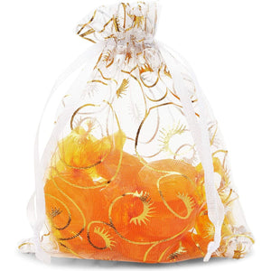 Gold Foil Organza Drawstring Gift Bag Pouch, Eyelash Design (3.5 x 4.75 in, 120 Pack)