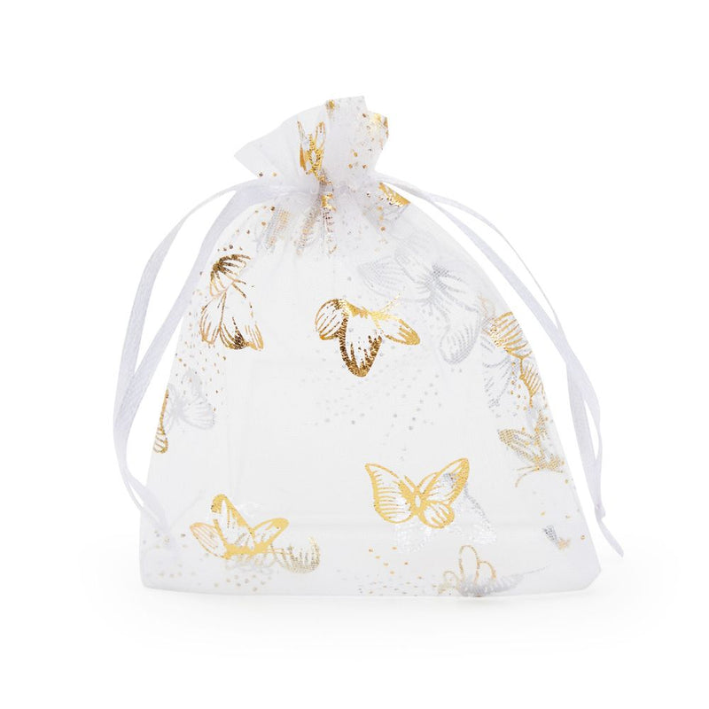 Organza Drawstring Gift Bag Pouch, Gold Foil Butterfly (3.5 x 4.75 In, 120 Pack)