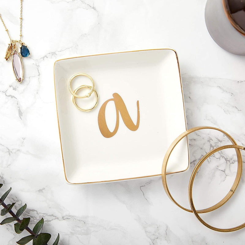 Letter A Ceramic Trinket Tray, Monogram Initials Jewelry Dish (4 x 4 Inches)