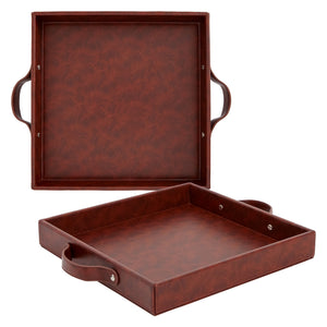 Set of 2 Square Leather Serving Trays, 12x12 Valet for with Handles for Ottoman, Coffee Table (Dark Brown)