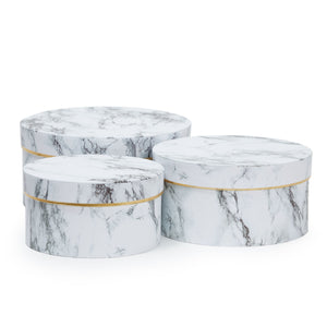 Set of 3 Small Round Gift Boxes with Lids, White Marble Print Cardboard Boxes (3 Sizes)