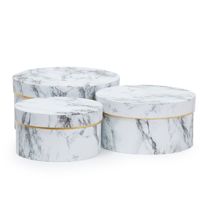 Set of 3 Small Round Gift Boxes with Lids, White Marble Print Cardboard Boxes (3 Sizes)