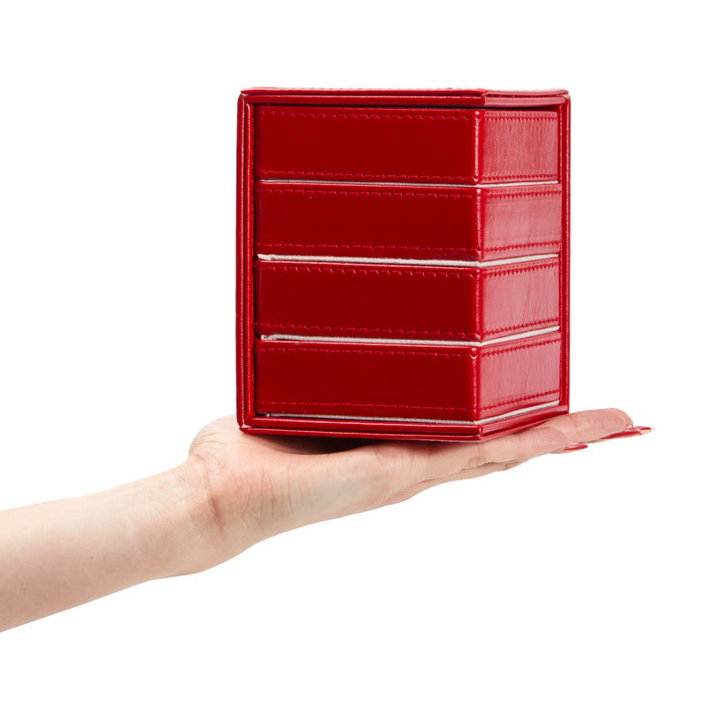 4 Layer Rotating Jewelry Organizer for Men, Women, Small Faux Leather Box for Necklaces, Rings, Earring, Bracelets (Red, 4 x 5 In)