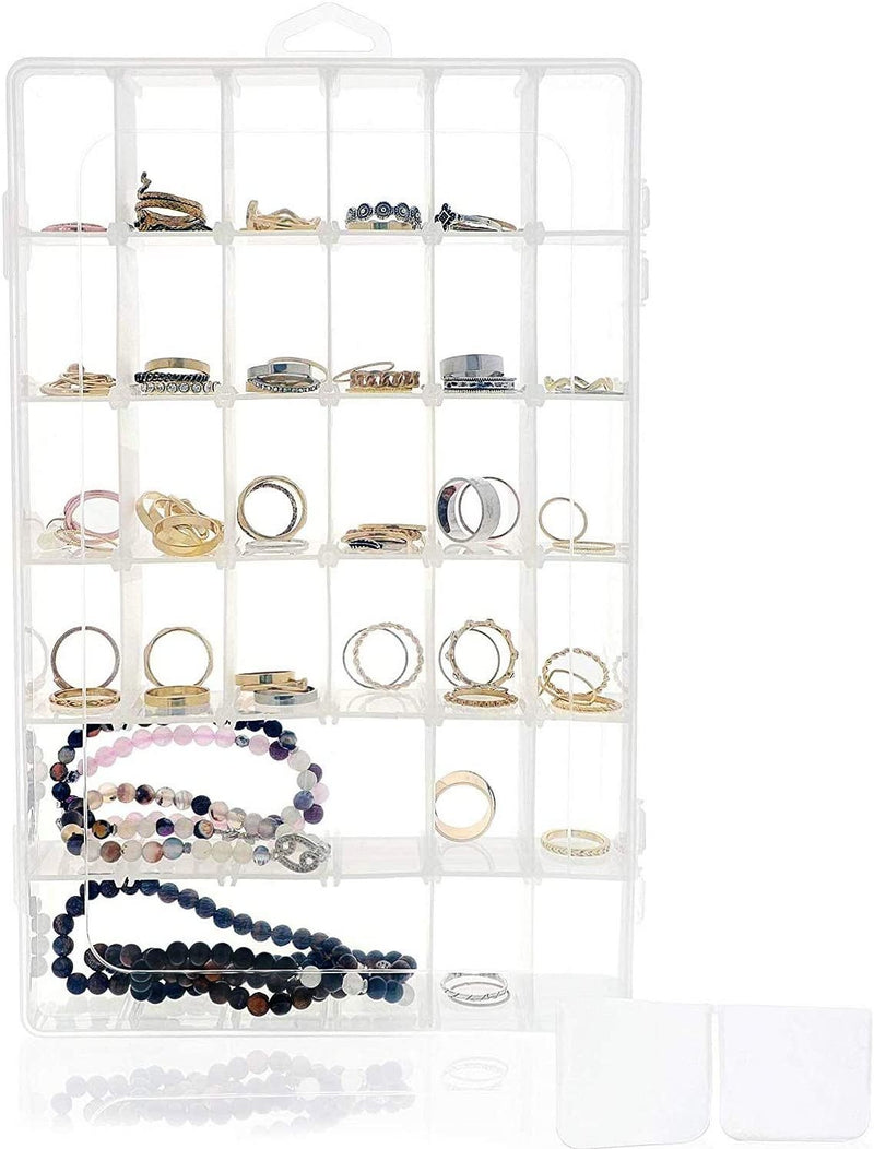 Clear Jewelry Box - Plastic Bead Storage Container, Earrings Storage Craft Organizer with Adjustable Dividers, 36 Grids, 10.75 x 1.7 x 7 inches