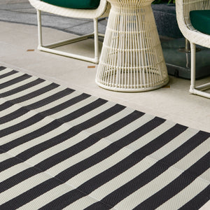 Plastic Straw Mat for Beach, Patio, Camping, Striped Black and White Outdoor Rug (4 x 6 Feet)