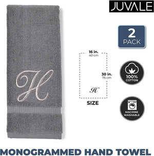 2 Pack Letter H Monogrammed Hand Towels, Gray Cotton Hand Towels with Silver Embroidered Initial H for Wedding Gift, Bridal Shower, Baby Shower, Anniversary (16 x 30 Inches)