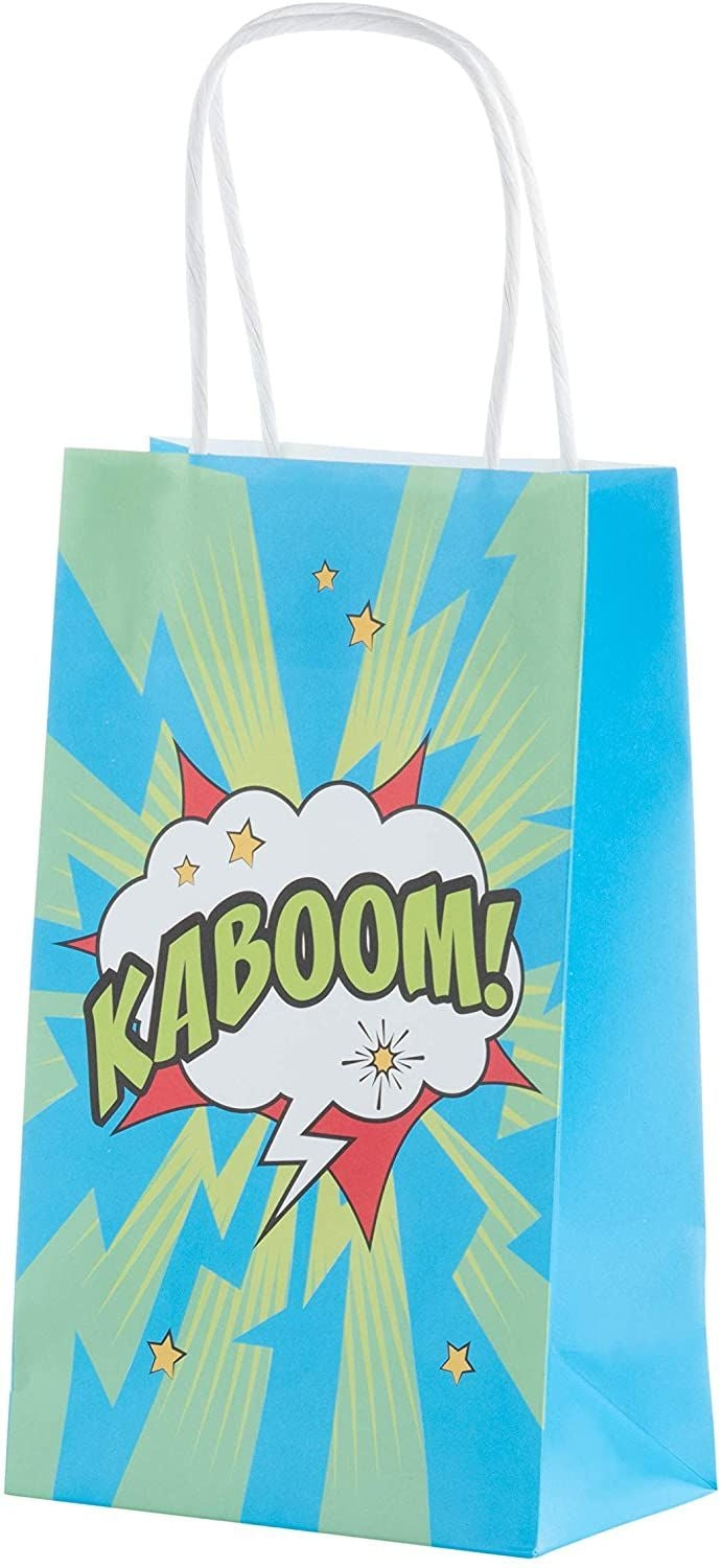 Comic Book Hero Party Favor Gift Bags with Handles (4 Colors, 12 Pack)