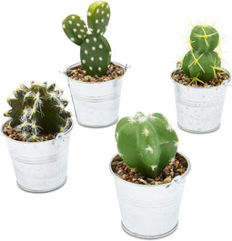 Juvale 4 Pack Artificial Succulents, 4.7 to 6.5 inch Green Fake Cactus Plants with Iron Bucket