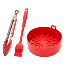 4-Piece Set Silicone Pot Basket with Handles, Brush, Tongs for Air Fryer Liner (6.3 In, Red)