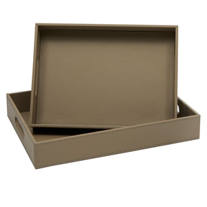 2-Pack Wooden Nesting Serving Tray Set with Stitched Faux Leather Skin and 2 Handles, Slip-Resistant Breakfast Service Tray in 2 Sizes (13.8x9.9x2.3 and 15.8x12x2.5 in, Taupe)