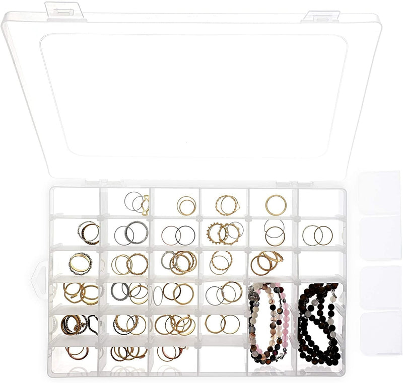 Clear Jewelry Box - Plastic Bead Storage Container, Earrings Storage Craft Organizer with Adjustable Dividers, 36 Grids, 10.75 x 1.7 x 7 inches