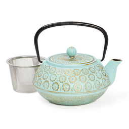 Teal Floral Cast Iron Teapot Kettle with Stainless Steel Loose Leaf Infuser (34 oz)