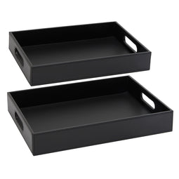 2-Pack Wooden Nesting Serving Tray Set with Stitched Faux Leather Skin and 2 Handles, Slip-Resistant Breakfast Service Tray in 2 Sizes (13.8x9.9x2.3 and 15.8x12x2.5 in, Black)